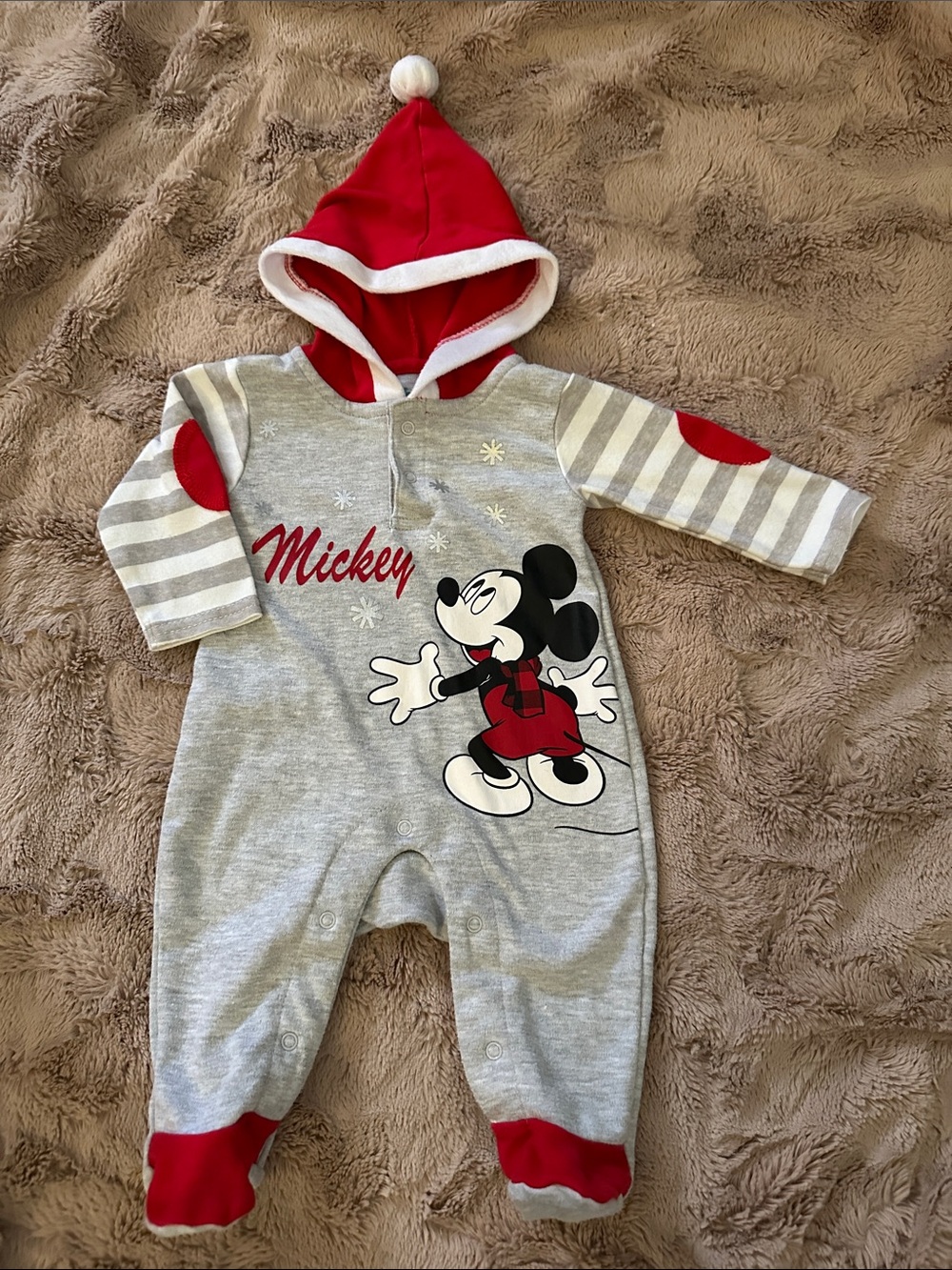 Disney Christmas Mickey Hooded Footed One-Piece, 3 months
